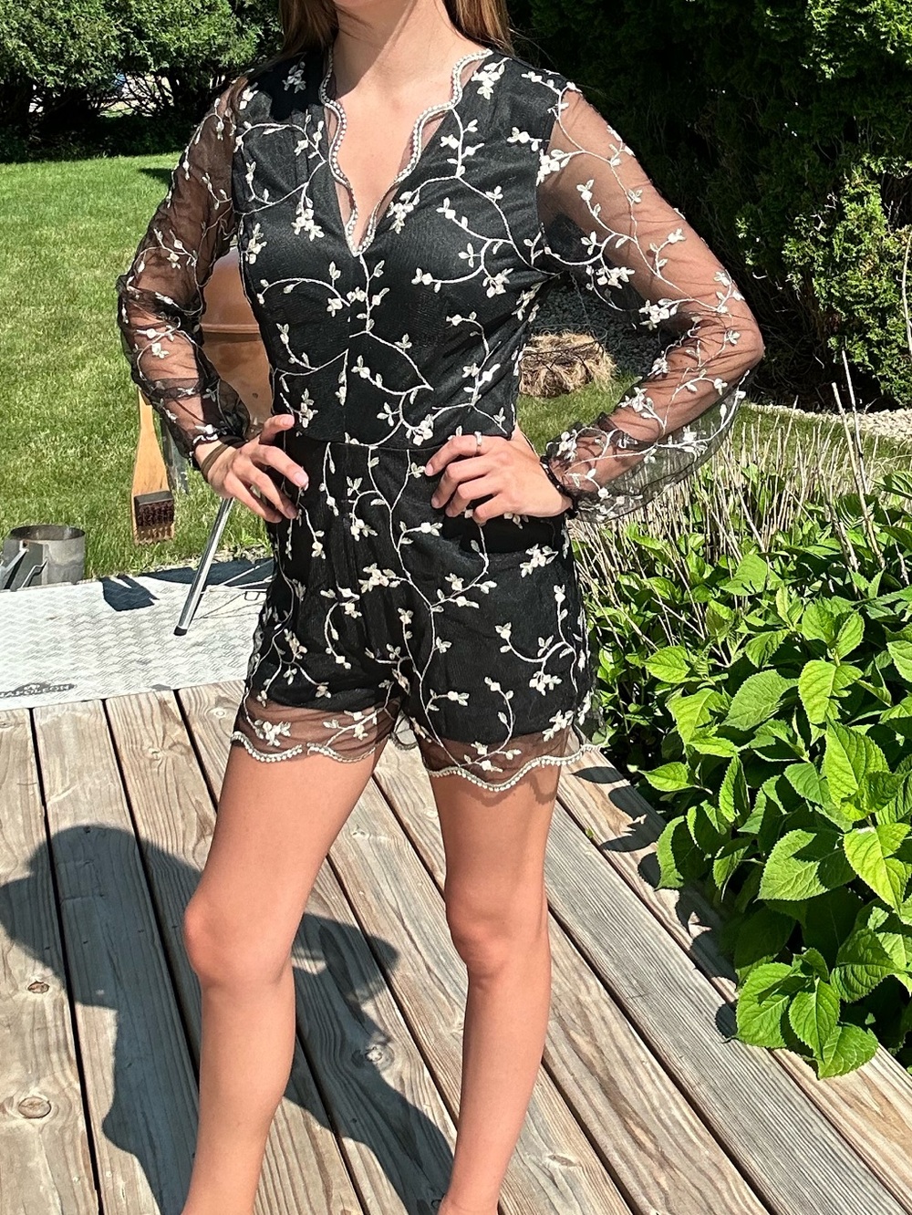 Elegant Black Floral Embroidered Romper - Size XSmall